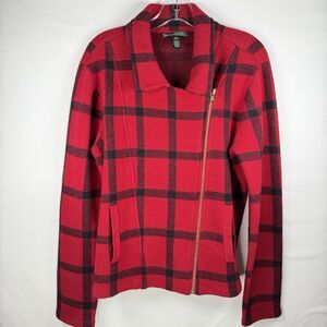 Lauren Ralph Lauren Red Black Plaid Wool Moto Sweater Jacket Asymmetrical Zip L